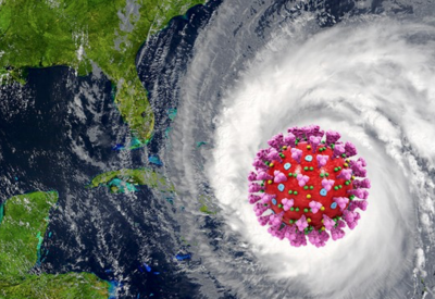 Image of the COVID virus merged with a hurricane