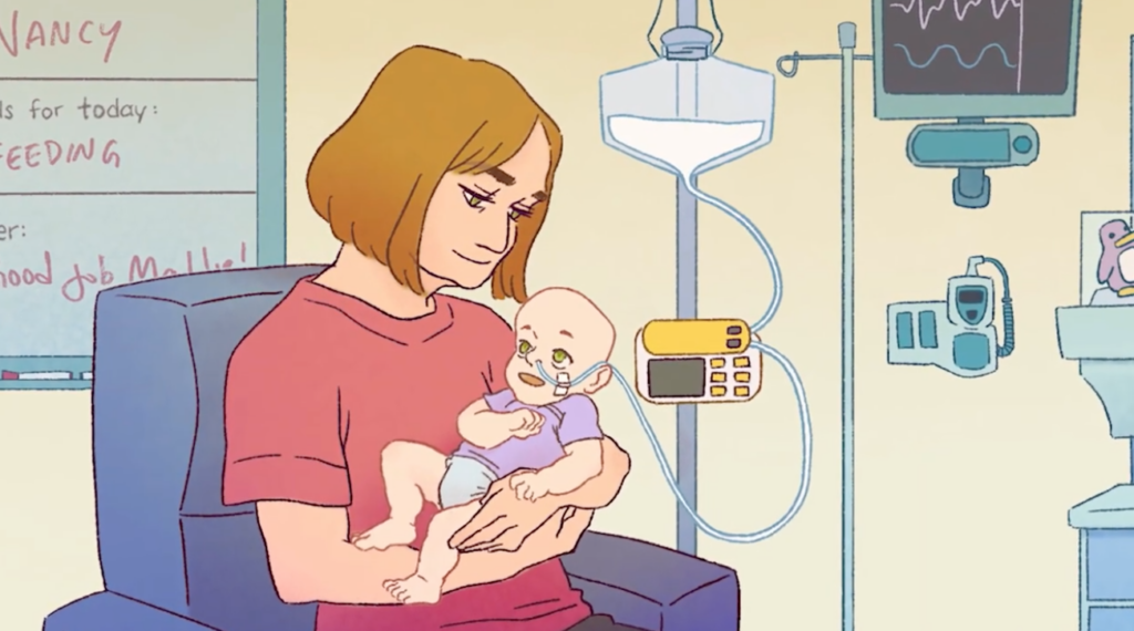 A mother lovingly holds her baby in a hospital room