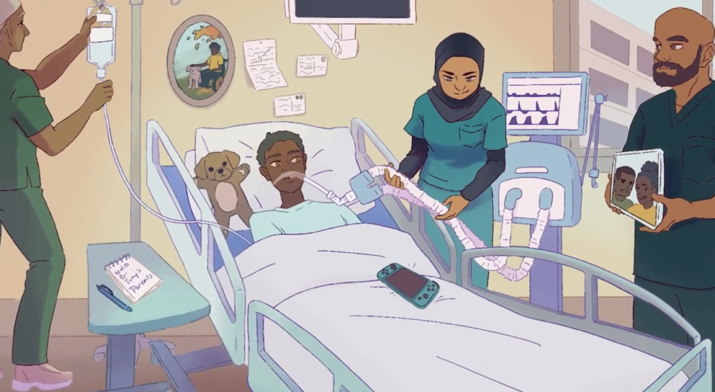 Family members interact lovingly with a child in a hospital bed